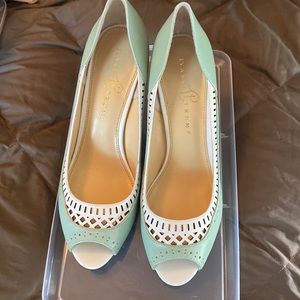 Ivanka Trump Candice open toe leather pumps, pale green w/white details